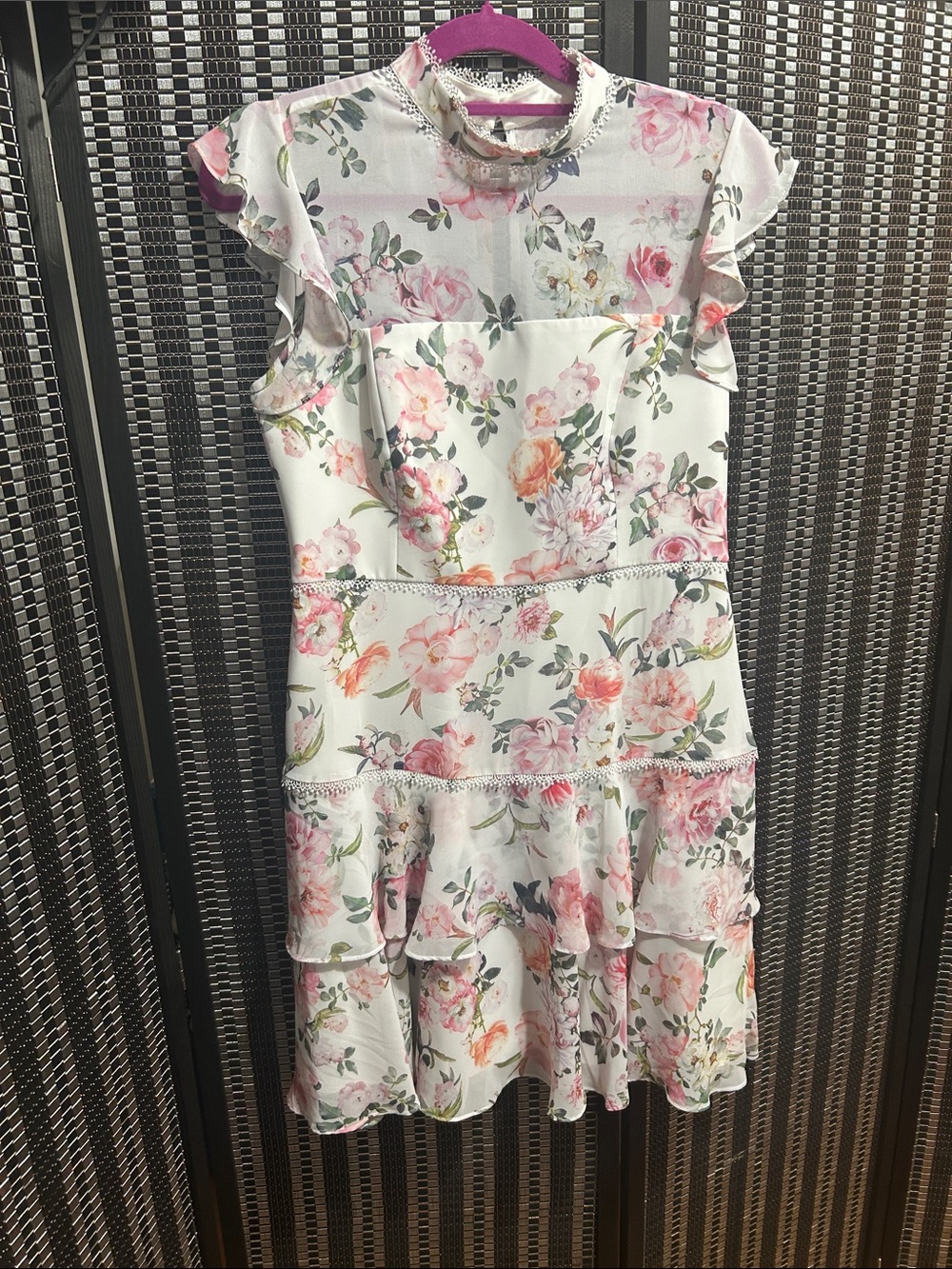 Ever New White Floral Tiered Dress with Pink and Green Blooms